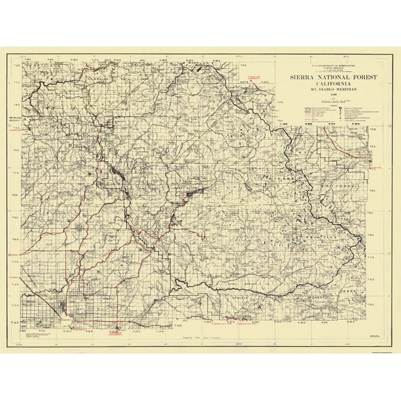 Historic State Map - Sierra National Forest California - USFS 1938 - Vintage Wall Art