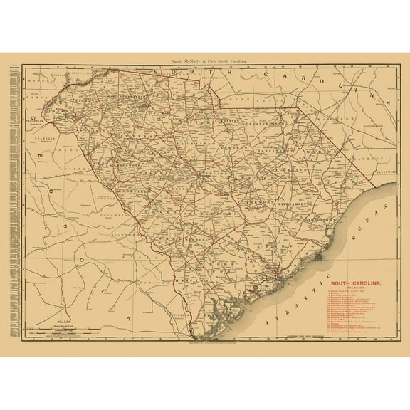 Historic State Map - South Carolina - 1900 - 30.94 x 23 - Vintage Wall Art