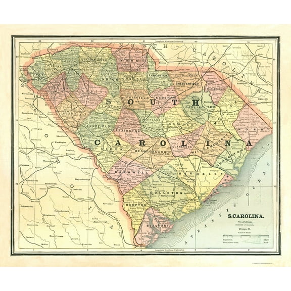 Historic State Map - South Carolina - Cram 1886 - 23 x 27.59 - Vintage Wall Art