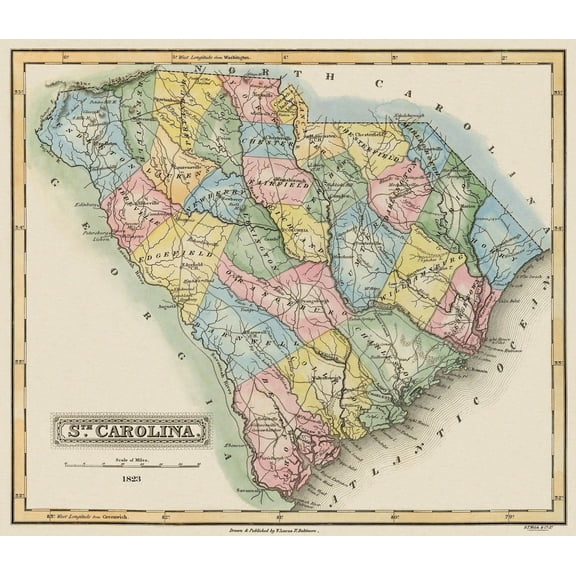 Historic State Map - South Carolina - Lucas 1823 - 26.63 x 23 - Vintage Wall Art