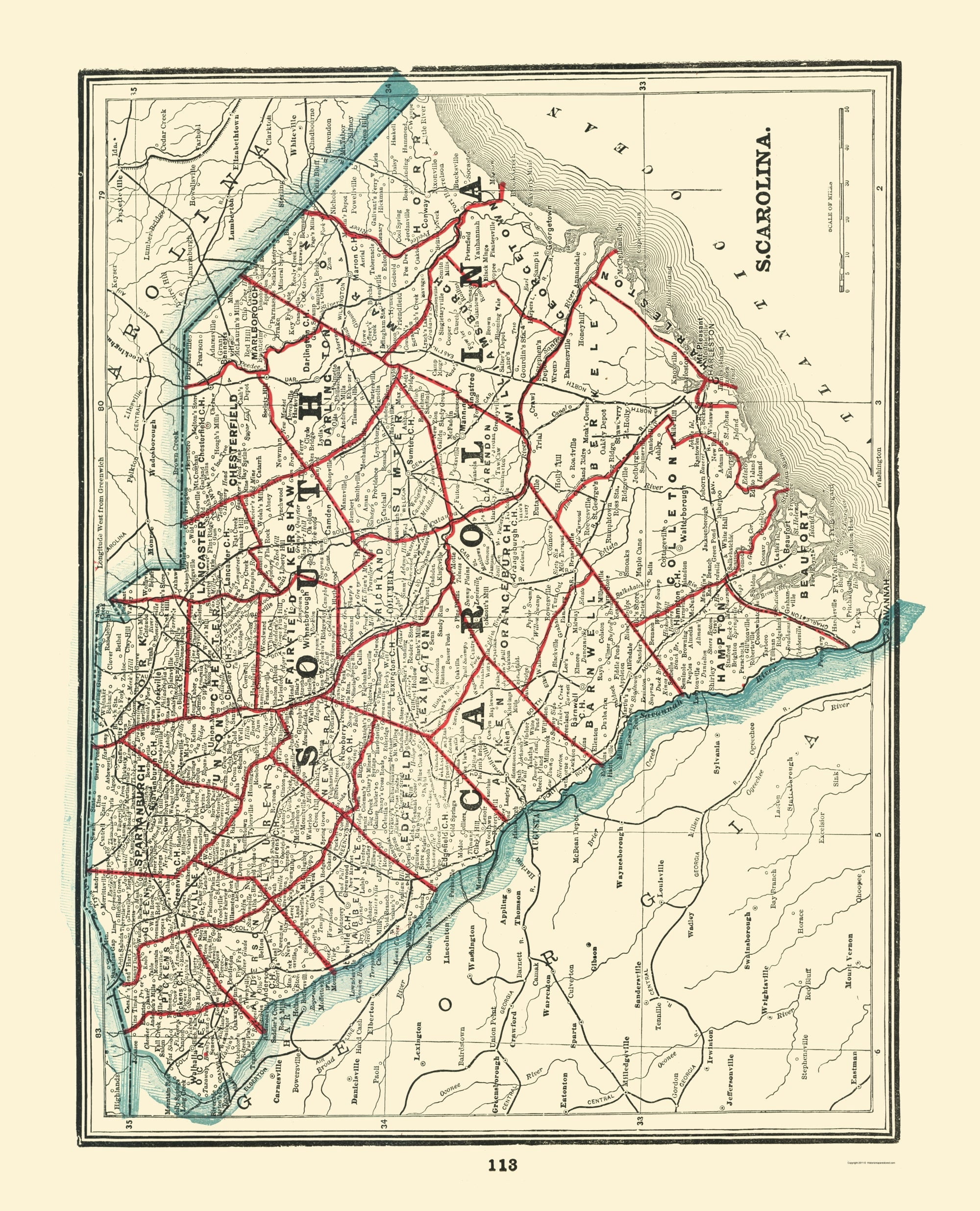 Historic State Map - South Carolina - Rathbun 1893 - Vintage Wall Art ...