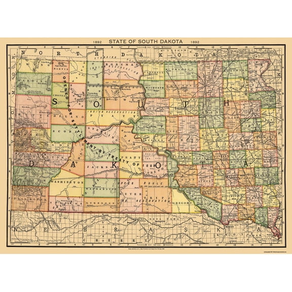Historic State Map - South Dakota - Rand McNally 1892 - Vintage Wall Art