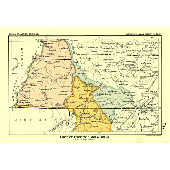 Historic State Map - Tennessee Alabama - Hoen 1896 - 33.75 x 23 - Vintage Wall Art
