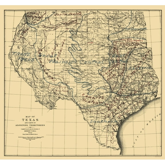 Historic State Map - Texas Adjoining Territories - Graham 1899 - 23 x 24.56 - Vintage Wall Art