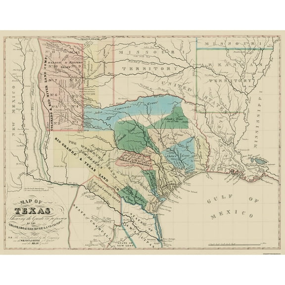 Historic State Map - Texas Colorado Red River Land Grants 1821 - 29 x 23 - Vintage Wall Art