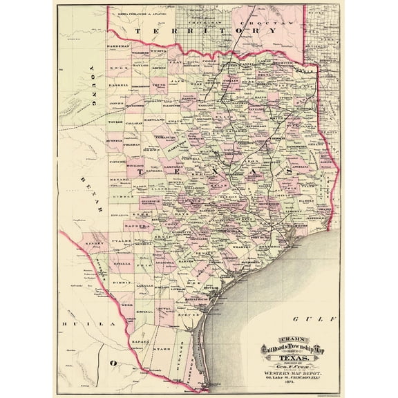 Historic State Map - Texas - Cram 1875 - Vintage Wall Art