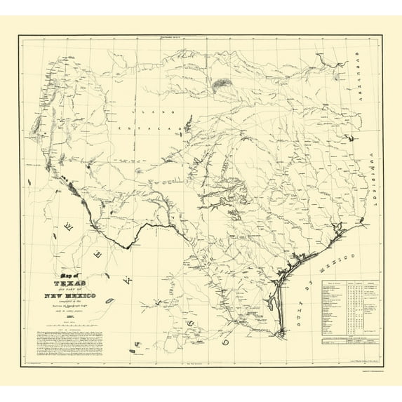 Historic State Map - Texas Eastern New Mexico - Dunnovant 1857 - 23 x 24.94 - Vintage Wall Art