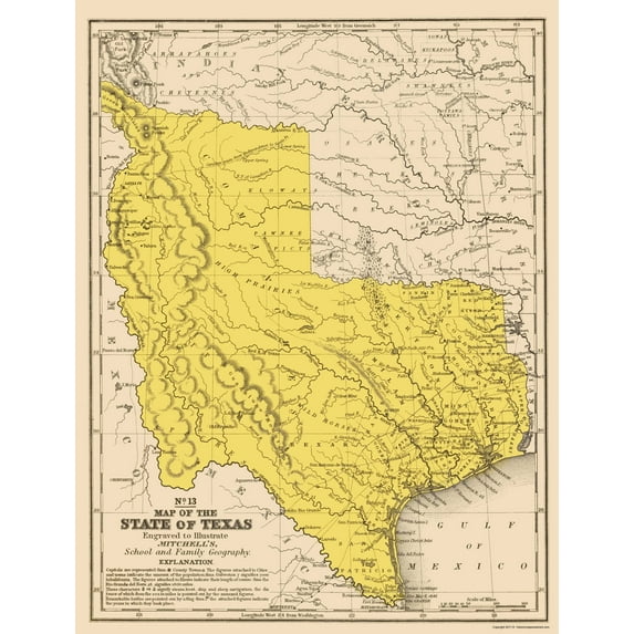 Historic State Map - Texas Geographical - Mitchell 1847 - Vintage Wall Art