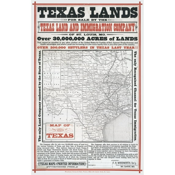 Historic State Map - Texas Lands Sale - Woodworth - Vintage Wall Art