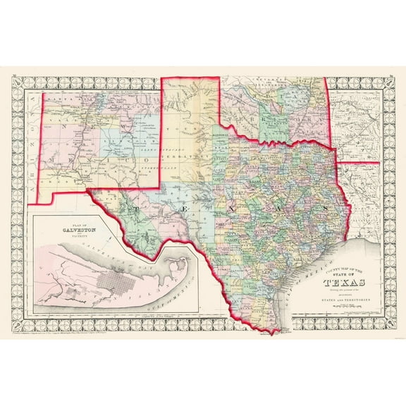 Historic State Map - Texas - Mitchell 1874 - 34.15 x 23 - Vintage Wall Art