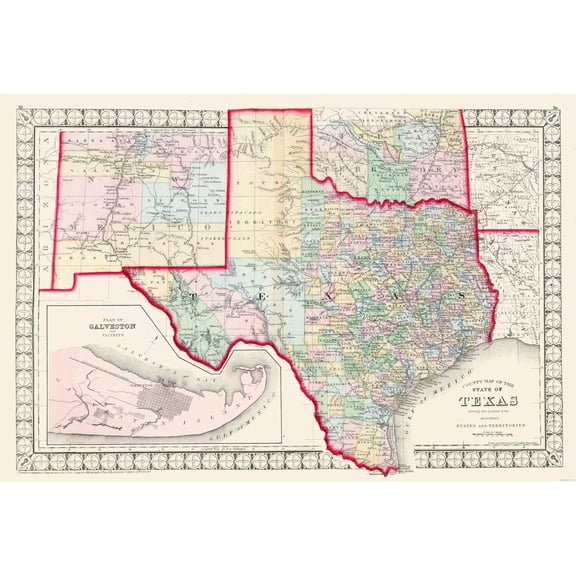 Historic State Map - Texas - Mitchell 1874 - Vintage Wall Art