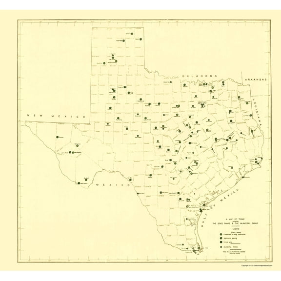 Historic State Map - Texas Municipal Parks - Texas Planning Board 1936 - Vintage Wall Art