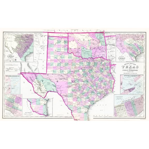 Historic State Map - Texas Oklahoma Indian Territory - Gray 1876 - Vintage Wall Art