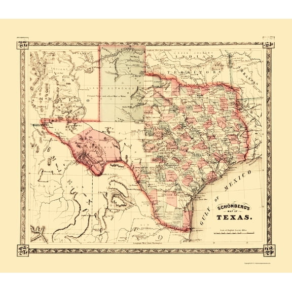 Historic State Map - Texas - Schonberg 1867 - Vintage Wall Art