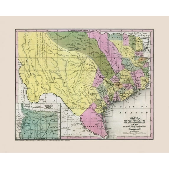 Historic State Map - Texas South East - Williams 1845 - 28.30 x 23 - Vintage Wall Art