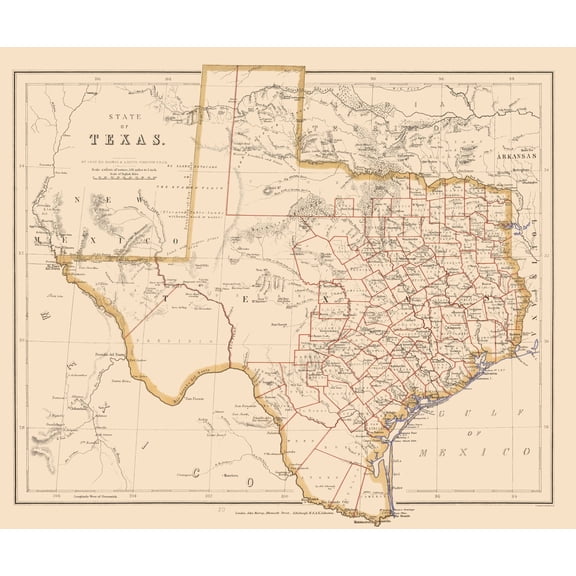 Historic State Map - Texas - Stanford 1857 - 23 x 27.49 - Vintage Wall Art