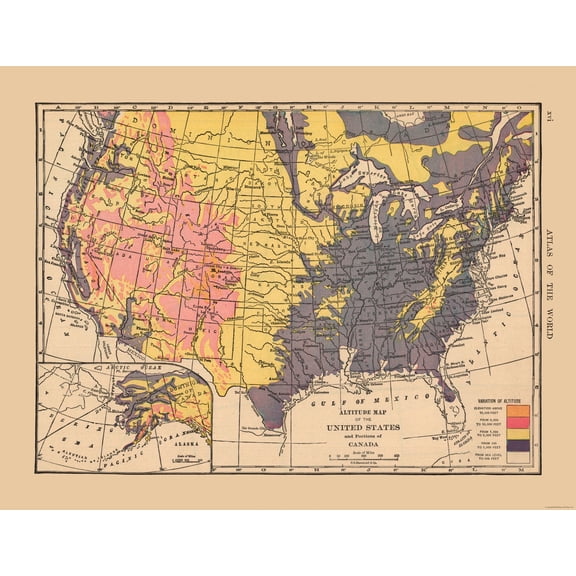 Historic State Map - United States Canada Altitude - Hammond 1910 - Vintage Wall Art