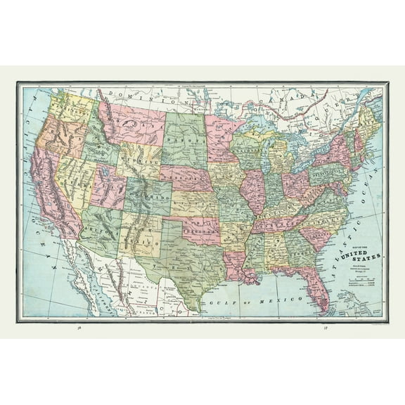 Historic State Map - United States - Cram 1888 - 34.05 x 23 - Vintage Wall Art