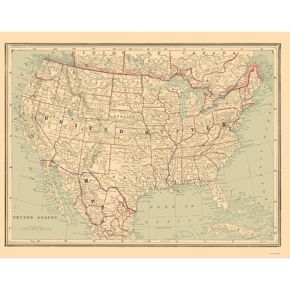 Historic State Map - United States - Cram 1889 - 23 x 29.41 - Vintage Wall Art