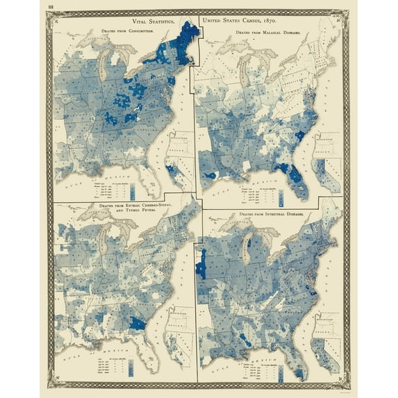 Historic State Map - United States Disease Distribution - Baskin 1876 - Vintage Wall Art