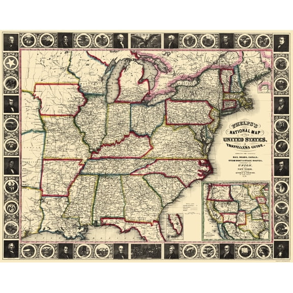 Historic State Map - United States Eastern Travellers Guide - Phelps 1852