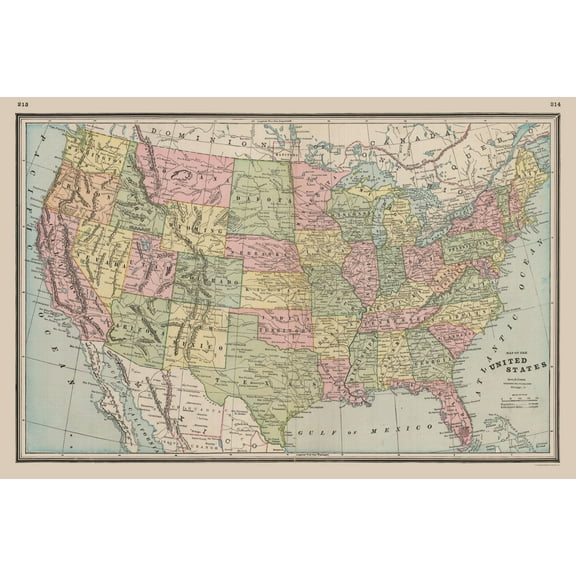 Historic State Map - United States - Johnson 1888 - 34.62 x 23 - Vintage Wall Art