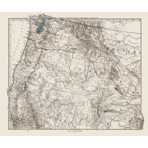 Historic State Map - United States Northwest - Petermann 1872 - Vintage Wall Art