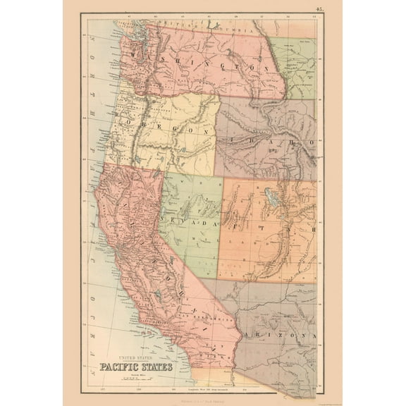 Historic State Map - United States Pacific Coast - Black 1867 - 23 x 33.34 - Vintage Wall Art