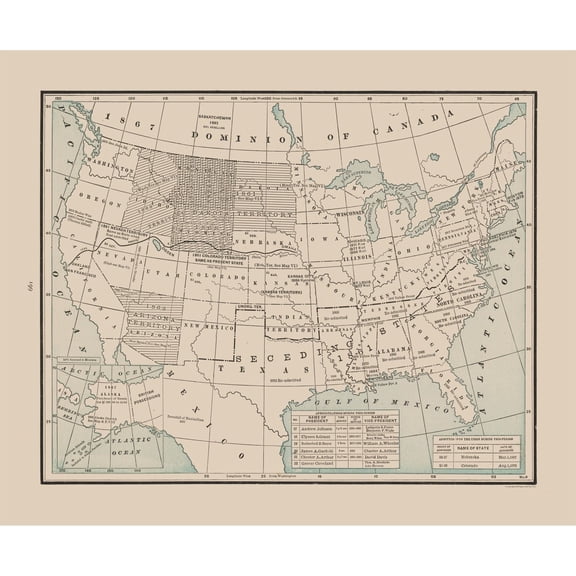 Historic State Map - United States Post Civil War - Cram 1892 - 27.86 x 23 - Vintage Wall Art
