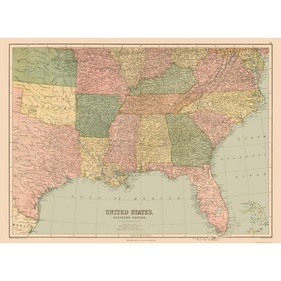 Historic State Map - United States South Eastern - Black 1867 - 31.47 x 23 - Vintage Wall Art