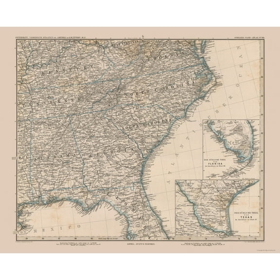 Historic State Map - United States South Eastern - Stielers - 1885 - 28.47 x 23 - Vintage Wall Art