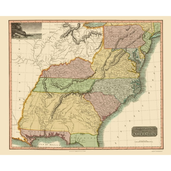 Historic State Map - United States South Eastern - Thomson 1817 - 23 x 28.27 - Vintage Wall Art