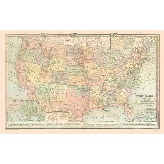 Historic State Map - United States Time Zones - Monteith 1882 - 36.37 x 23 - Vintage Wall Art