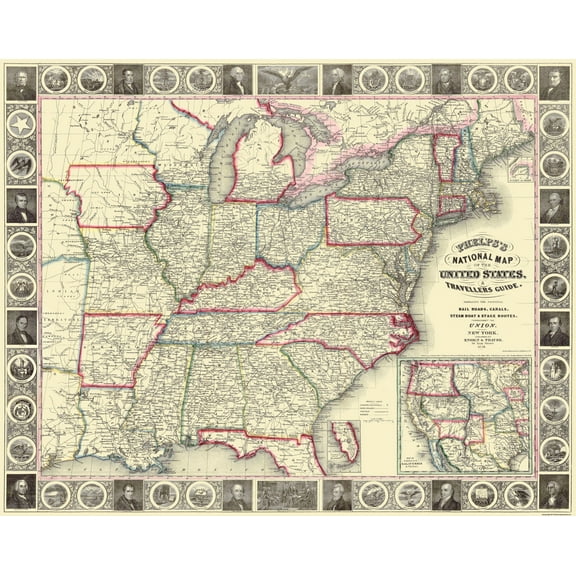 Historic State Map - United States Travellers Guide - Phelps 1852 - 28.94 x 23 - Vintage Wall Art