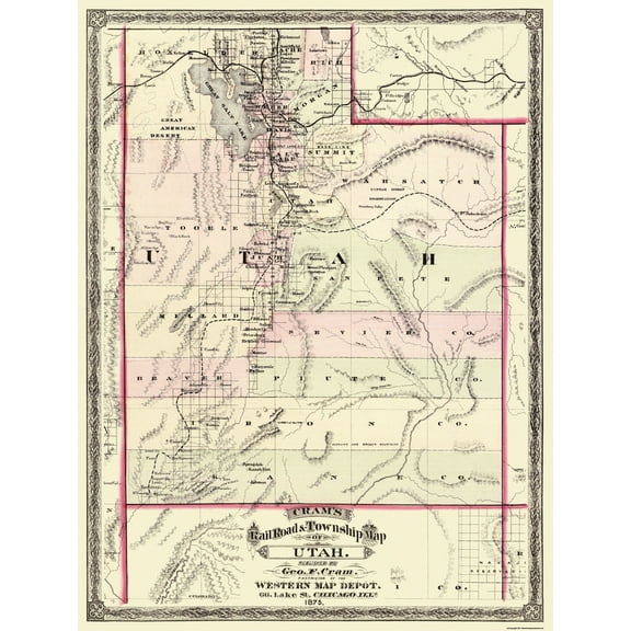Historic State Map - Utah - Cram 1875 - 23 x 30.5 - Vintage Wall Art