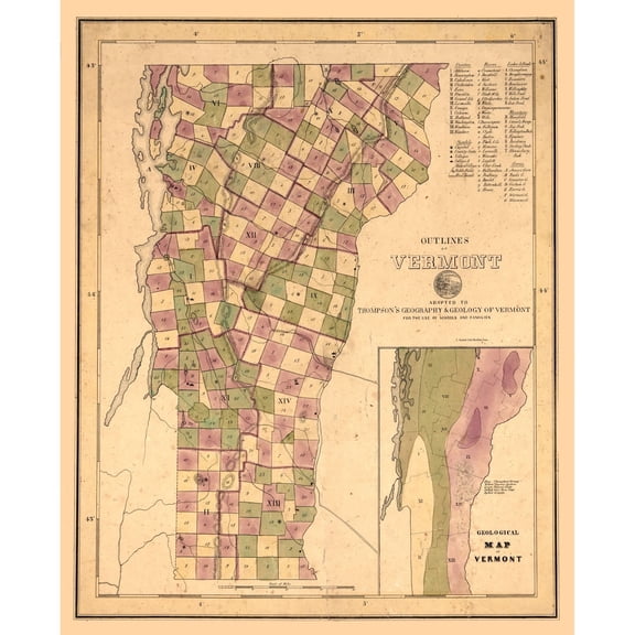 Historic State Map - Vermont Geological - Thompson 1848 - Vintage Wall Art