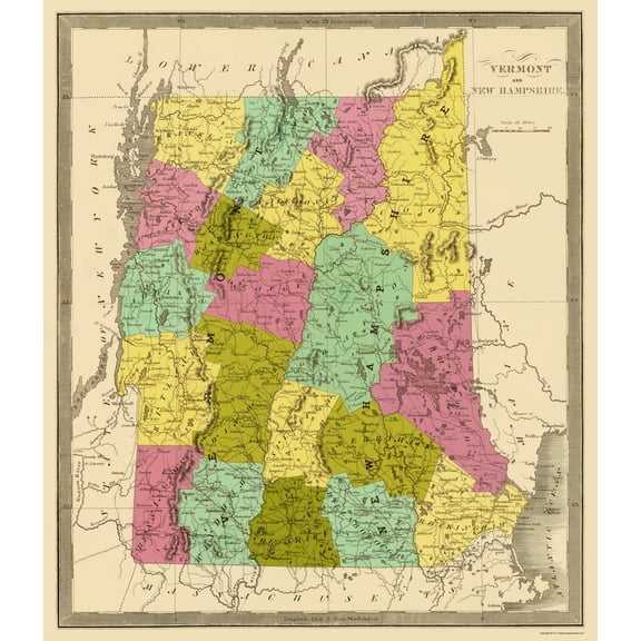 Historic State Map - Vermont New Hampshire - Greenleaf 1840 - Vintage Wall Art