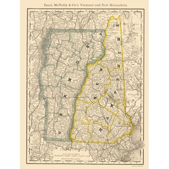 Historic State Map - Vermont New Hampshire - Rand McNally 1879 - Vintage Wall Art