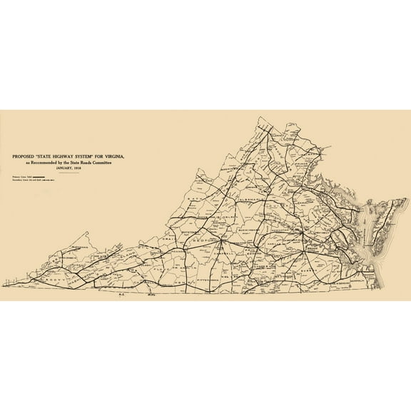 Historic State Map - Virginia - 1918 - 49.39 x 23 - Vintage Wall Art