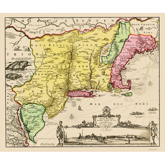 Historic State Map - Virginia Maine New England - Visscher 1685 - 23 x 27 - Vintage Wall Art