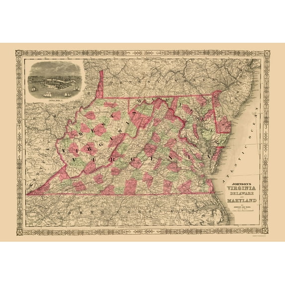 Historic State Map - Virginia Maryland Delaware - Johnson 1864 - 23 x 32.88 - Vintage Wall Art