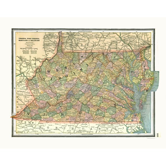 Historic State Map - Virginia Maryland Delaware - Johnson 1888 - Vintage Wall Art