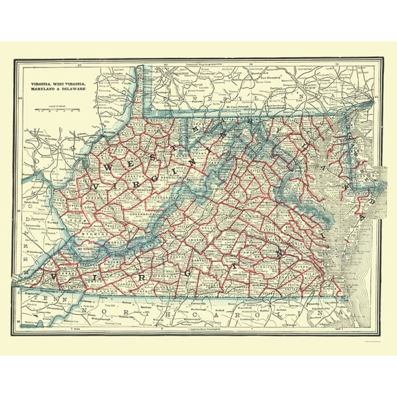 Historic State Map - Virginia West Virginia Maryland Delaware 1893 - Vintage Wall Art