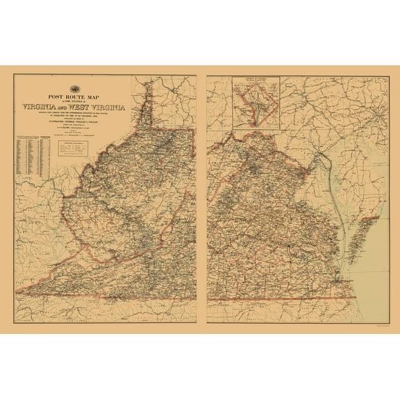 Historic State Map - Virginia West Virginia Postal Routes - USPS 1896 - Vintage Wall Art