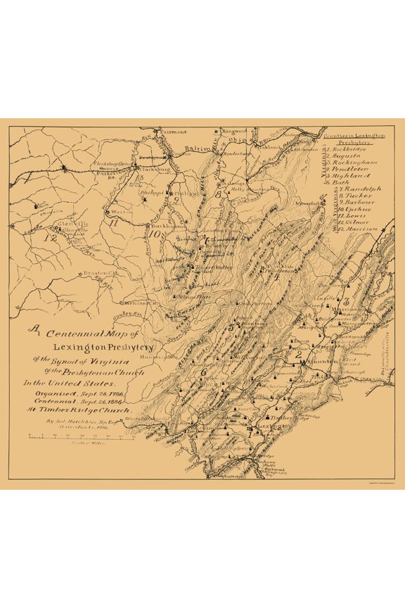 Historic State Map - Virginias Lexington Presbyterian - Hotchkiss 1886 - Vintage Wall Art