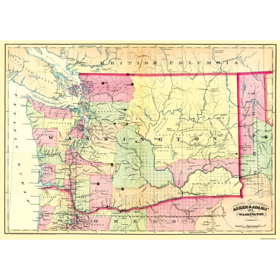Historic State Map - Washington - Asher 1874 - Vintage Wall Art