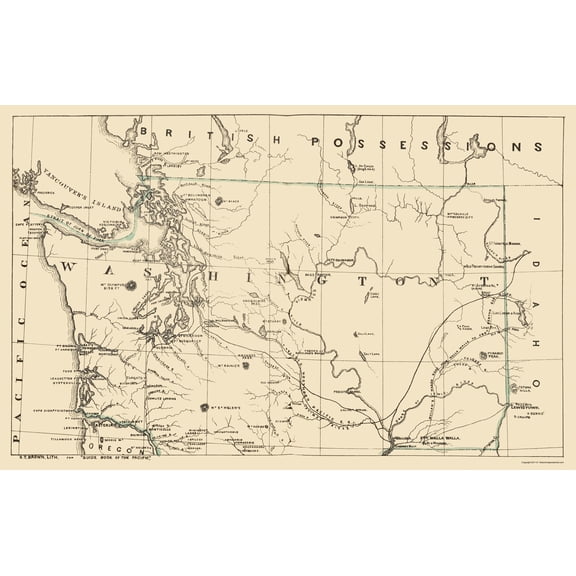 Historic State Map - Washington - Brown 1865 - Vintage Wall Art