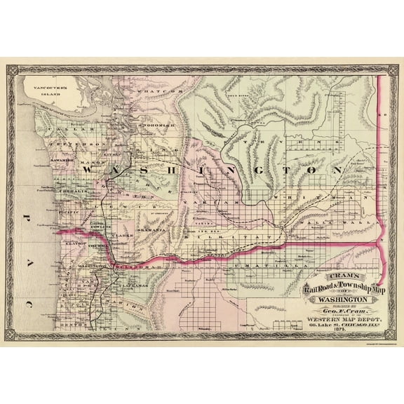 Historic State Map - Washington - Cram 1875 - Vintage Wall Art