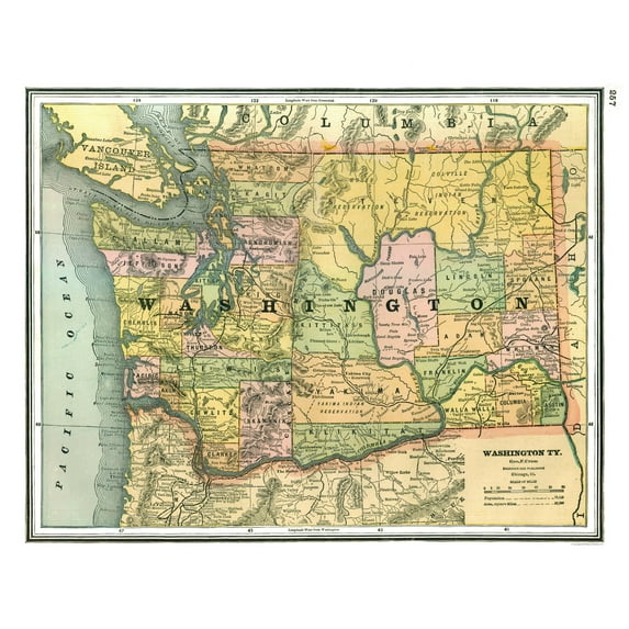 Historic State Map - Washington - Johnson 1888 - 28.81 x 23 - Vintage Wall Art