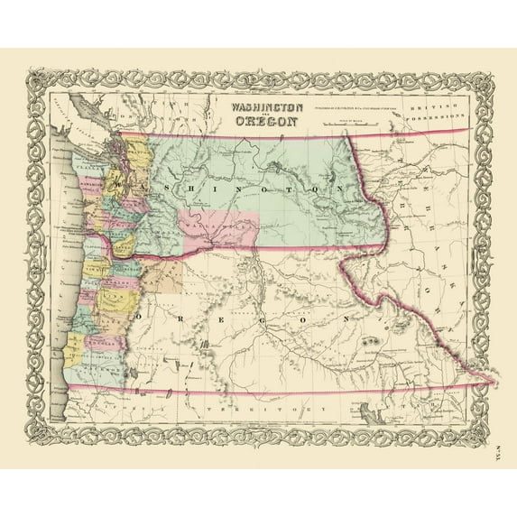 Historic State Map - Washington Oregon - Colton 1853 - Vintage Wall Art